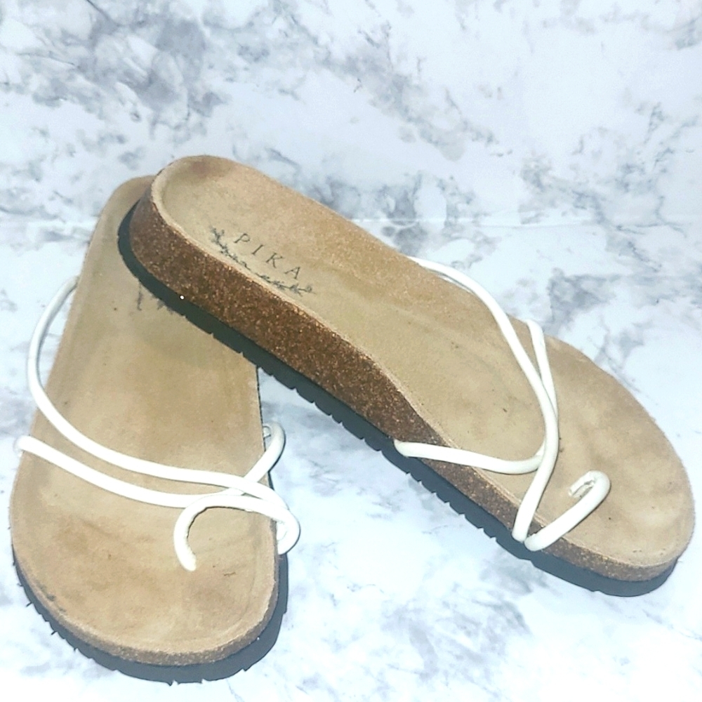 Pika Flip Flops Sandals Brown Cork and Rubber Sole Genuine Leather White Straps